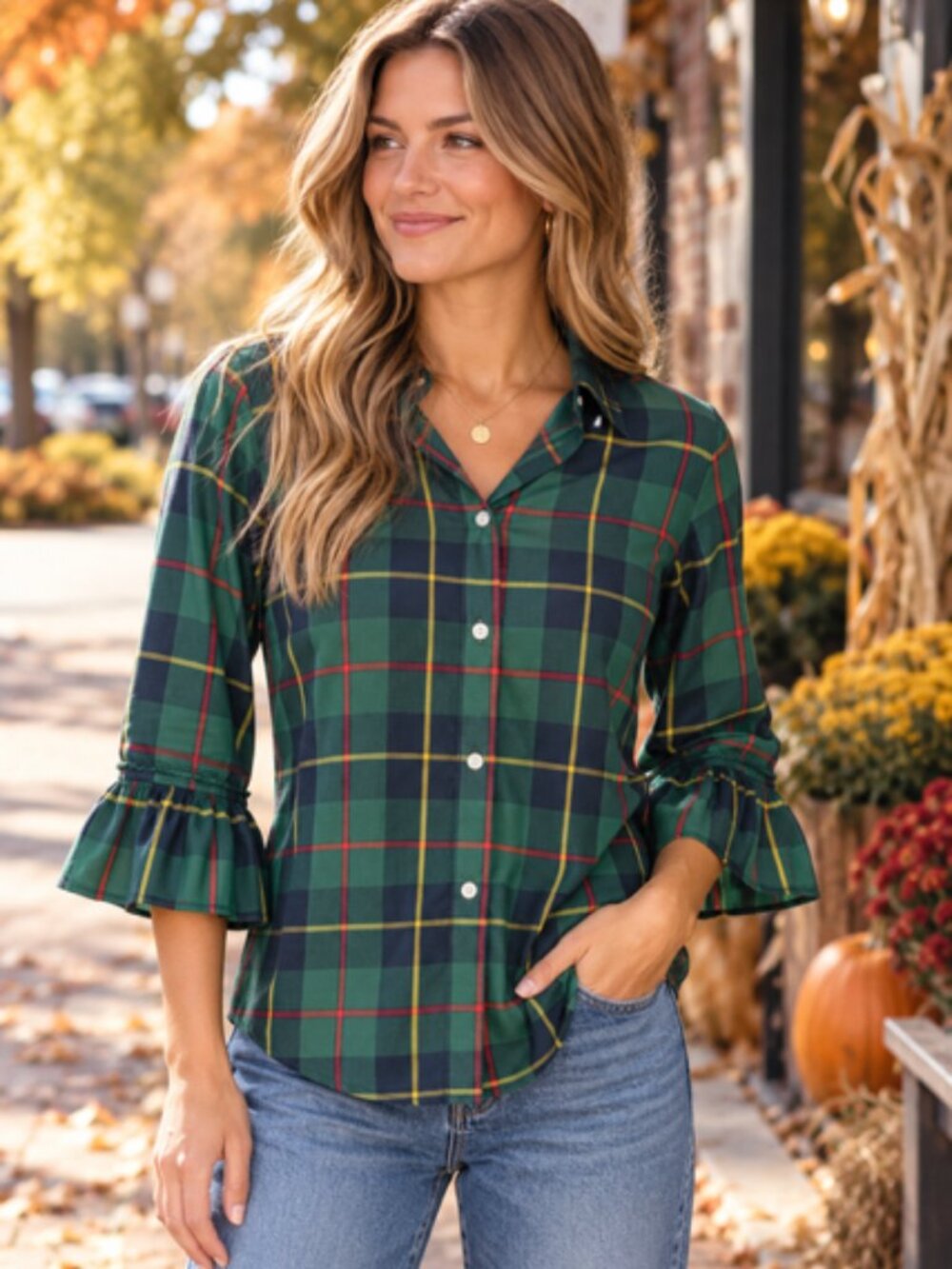 Gretchen Scott Priss Blouse XS Green Tartan Plaid Ruffle Cuff Button Down